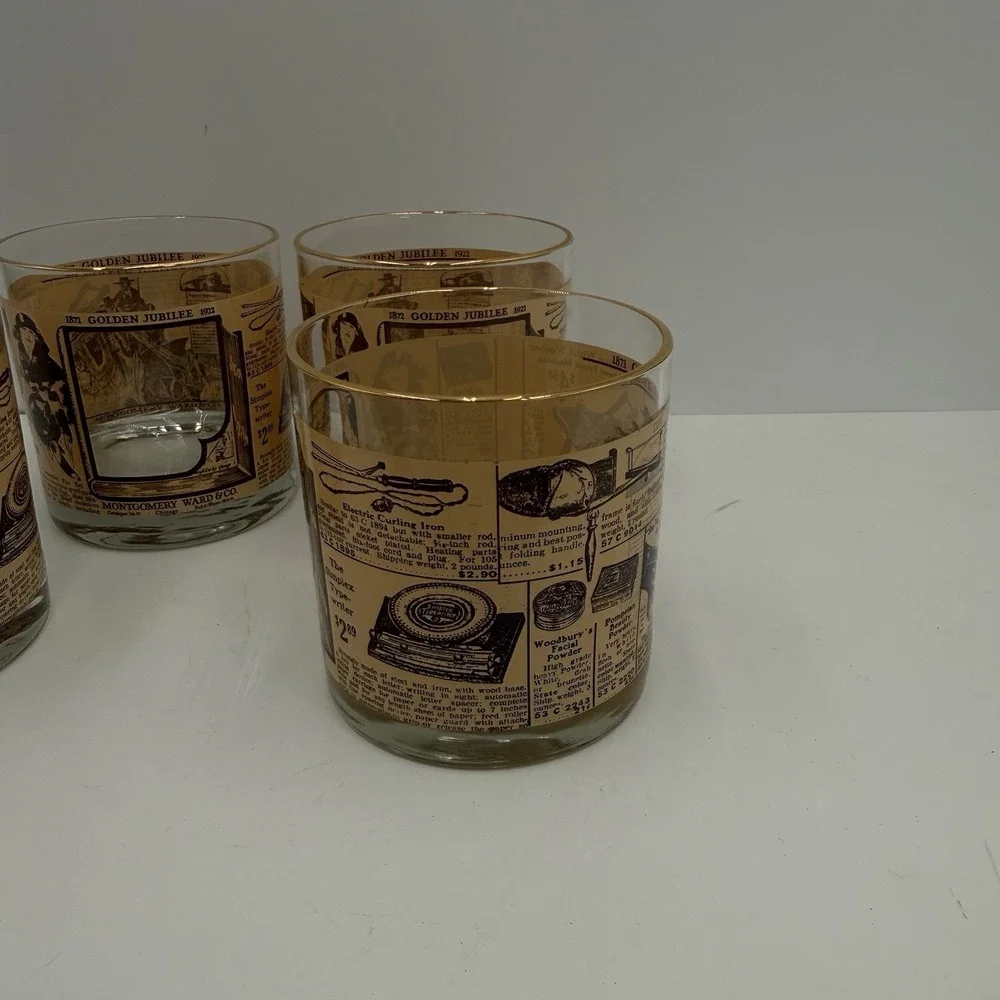 4-Vintage 1972 Montgomery Ward Golden Jubilee‎ Whiskey Rocks Glasses Gold Rim